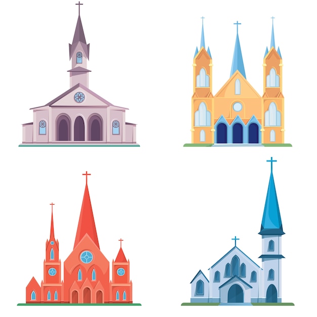 Set of different catholic churches. Objects of architecture in cartoon style.