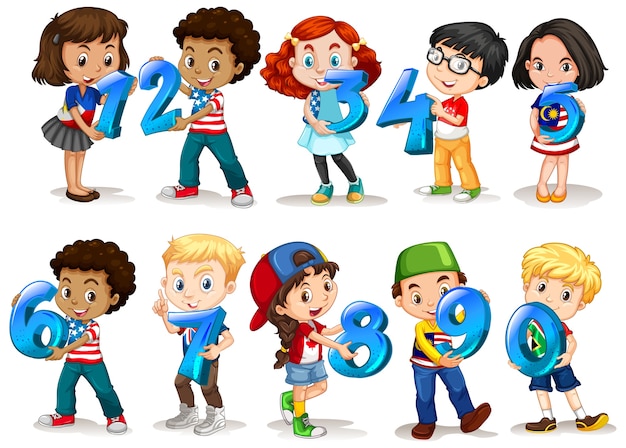 Vector set of different children holding math number