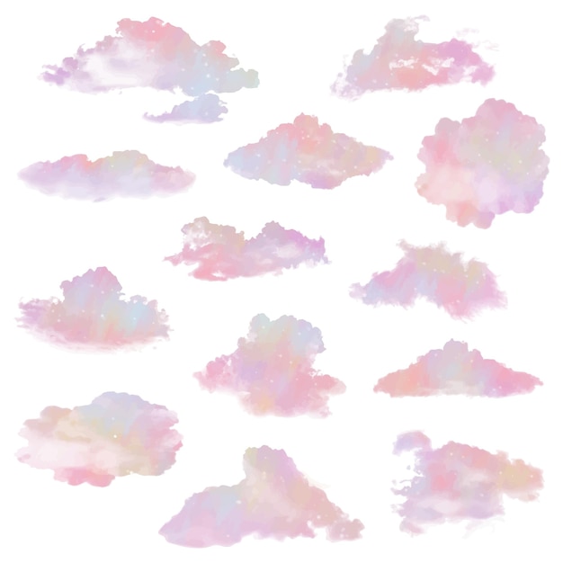 set of different clouds shapes with unicorn pink pastel colors