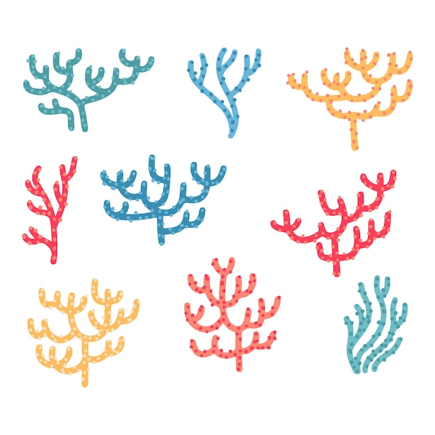 Set of different color cartoon corals isolated on white