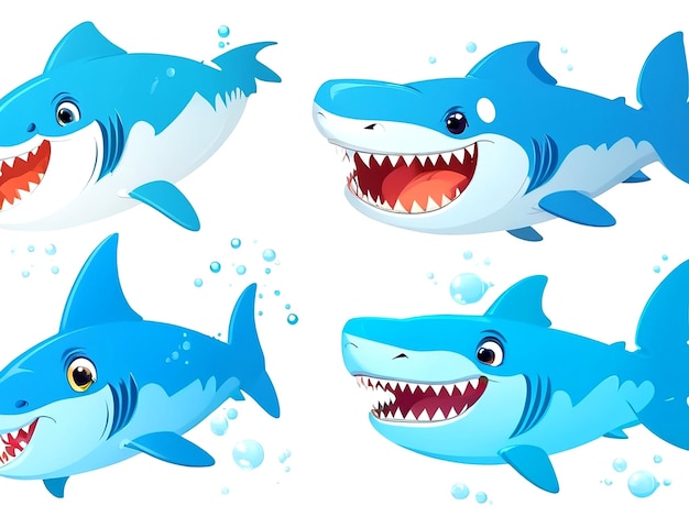 Set of different color shark smiling cartoon characters on white background vector