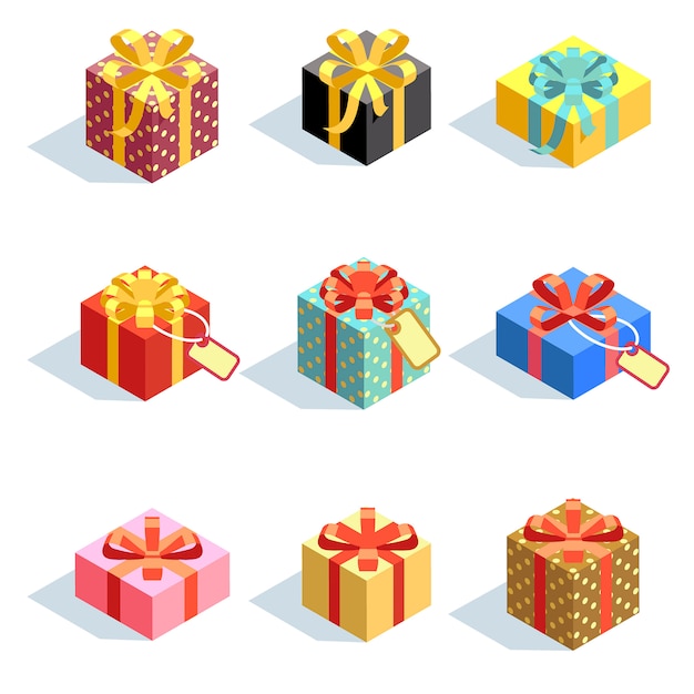 고립 된 리본으로 다른 색된 3D giftboxes의 집합입니다. 평면 벡터 일러스트 레이 션 리본 선물 상자 패키지 깜짝 컬렉션