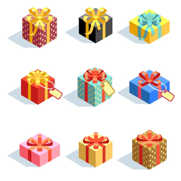 Set di diversi giftboxes colorati 3d con nastri isolati. illustrazione vettoriale piatto raccolta di sorpresa confezione regalo con nastro