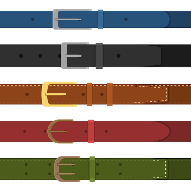 Vector set of different colored buttoned to buckle belts. element of clothing design. belt trouser in flat style.