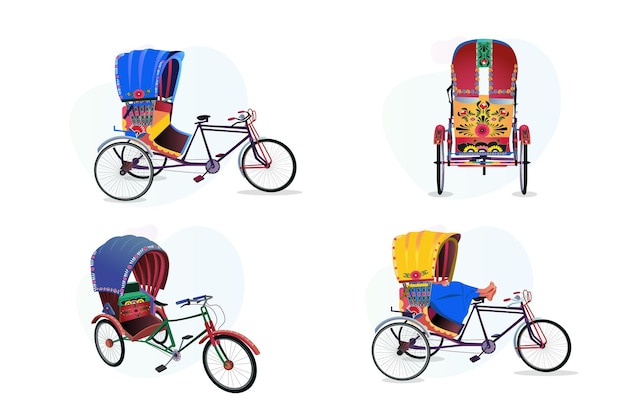 Vector set of different colors of rikshaw side view of rickshaws