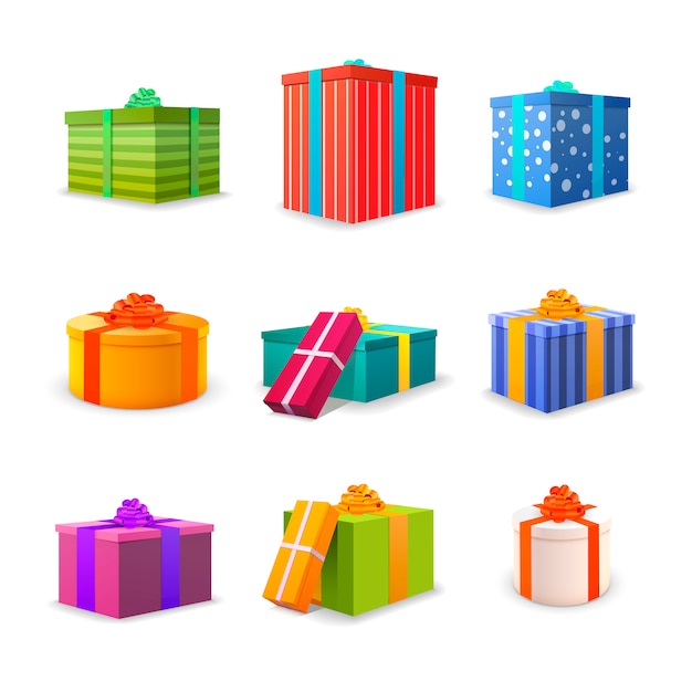 Vector set of different colourful bright gift boxes with tapes and bows