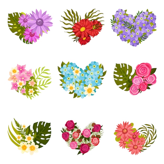 Set of different compositions of flowers and leaves.