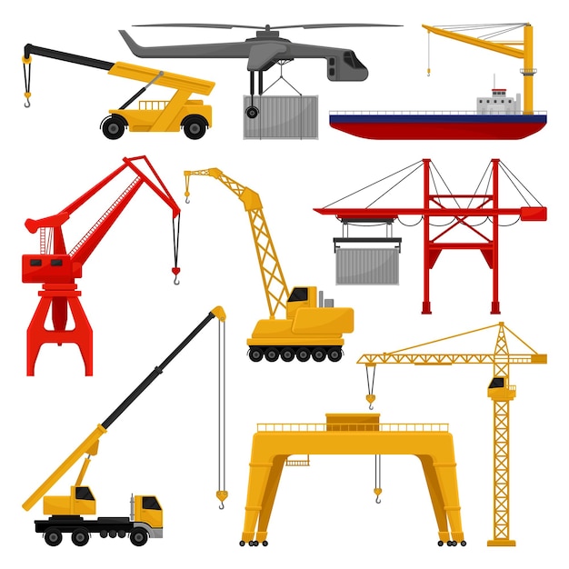 Vector set of different cranes mechanism for lifting and moving of objects hoisting equipment professional construction and loading machines colorful flat vector design isolated on white background