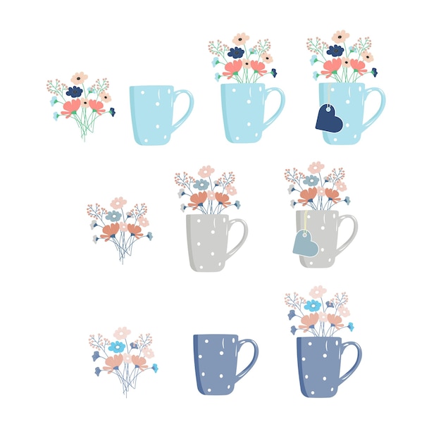 Set of different Cup mug with patterns and flowers