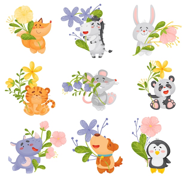 Set of different cute animals with flowers