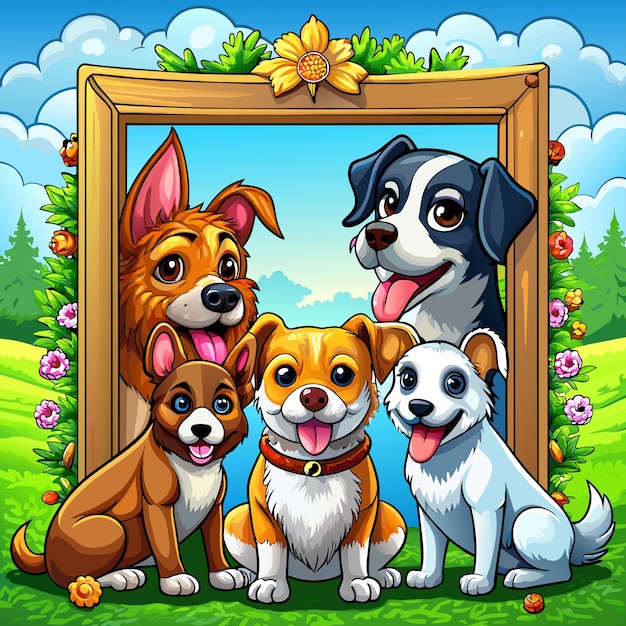 Vettore set di diversi cani carinosi in stile cartone animato disegnato a mano mascotte personaggi cartoni animati adesivo icon concept