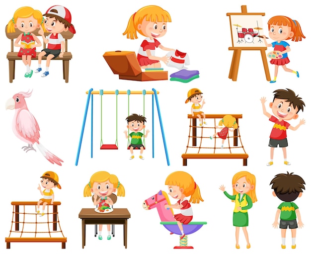 Vector set of different cute kids and objects