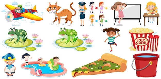 Set of different cute kids and objects