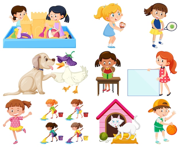 Set of different cute kids and objects