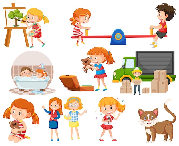 Set of different cute kids and objects