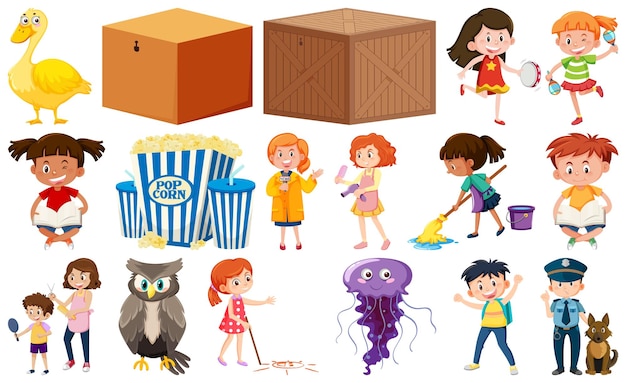 Set of different cute kids and objects