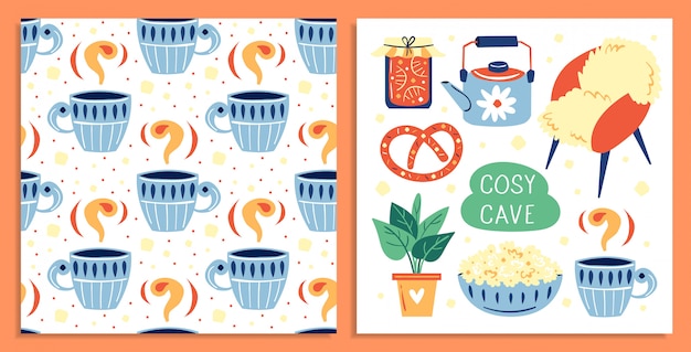 Insieme di diversi elementi di stile di vita carino. . plat, tazza di caffè, popcorn, vasetto di marmellata. cartolina. illustrazione variopinta piana, arte isolata