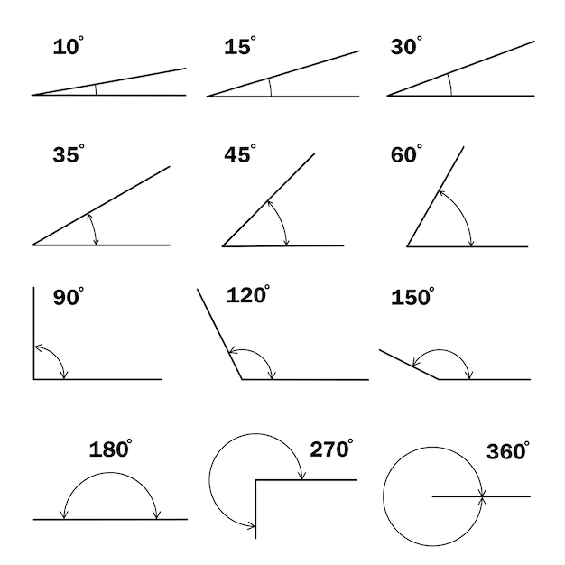 Vettore set di angoli di gradi diversi angolo di gradi matematico geometrico con icona a forma di freccia isolata