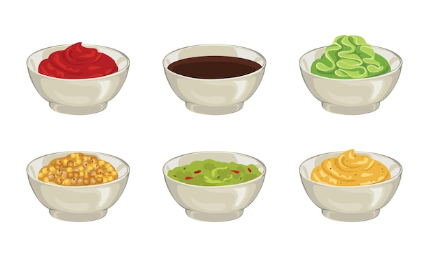 Vector set of different dipping sauces in bowl.