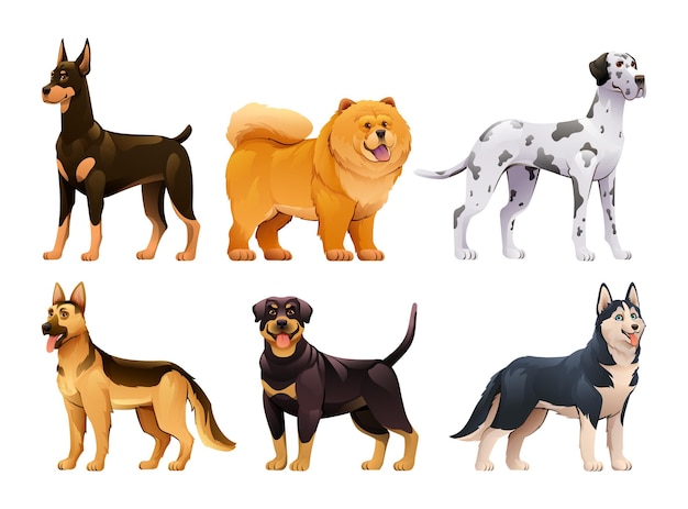 Set of different dog breeds in cartoon style