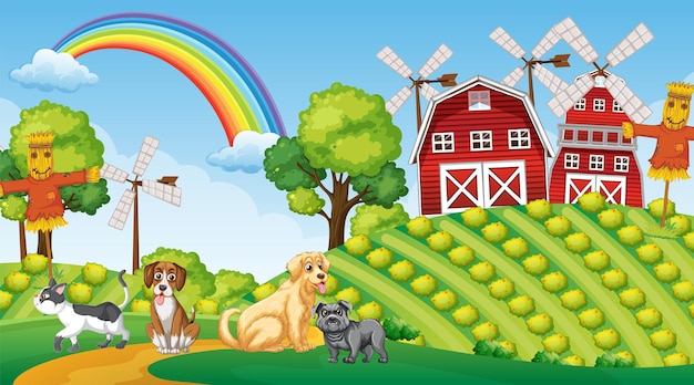 set of different domestic animals in farm