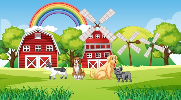 set of different domestic animals in farm
