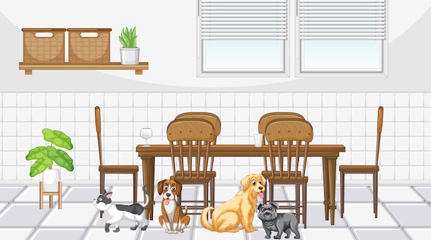 Vector set of different domestic animals in kitchen