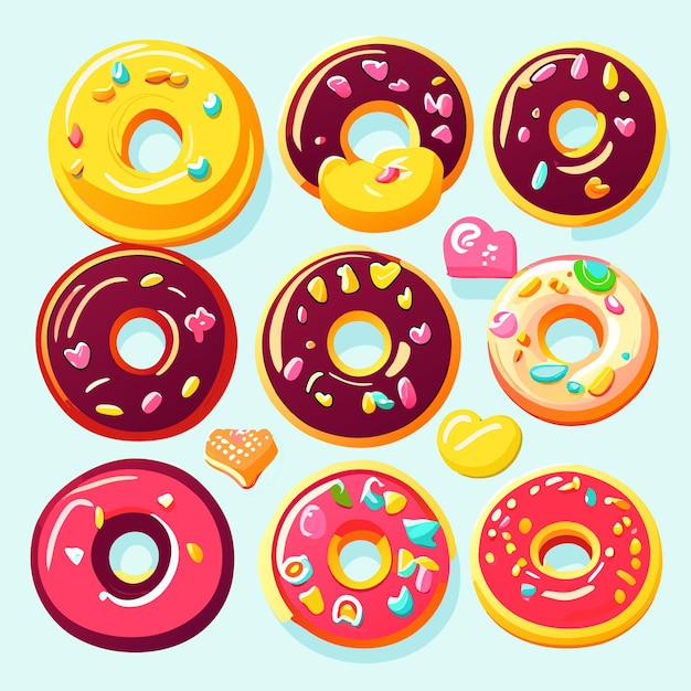 Set di diverse ciambelle dolci in stile cartone animato vettoriale