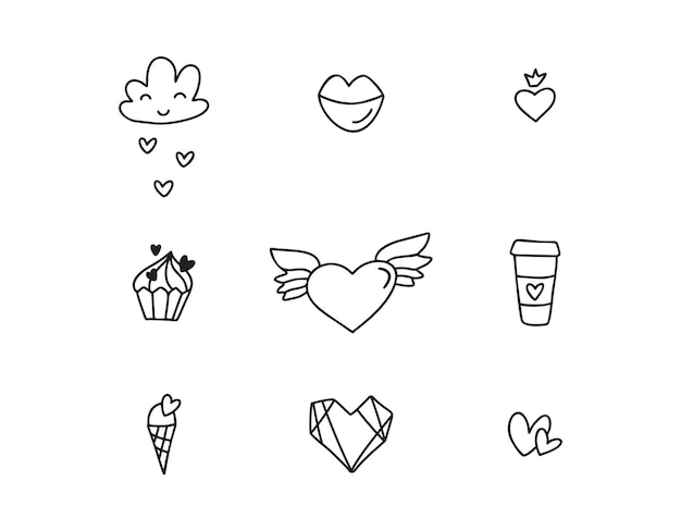 Set of different dooddle elements for wedding valentines day and kiss day design icon hand drawn monoline