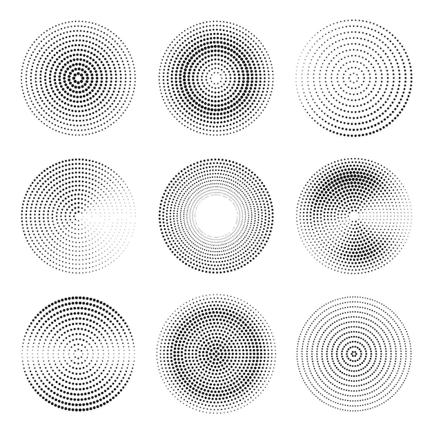 Vettore set di diversi cerchi tratteggiati elementi vettoriali rotondi per il design effetto mezzitoni
