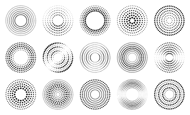 Set of different dotted circles Round vector elements for design Halftone effect