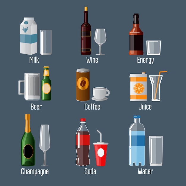 Vector set of different drinks in ware