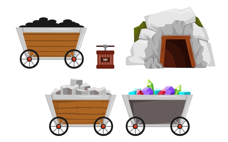 Vector set of different elements of mining precious stones in cartoon style vector illustration of carts with minerals coal precious stones diamond dynamite mining cave isolated on white background