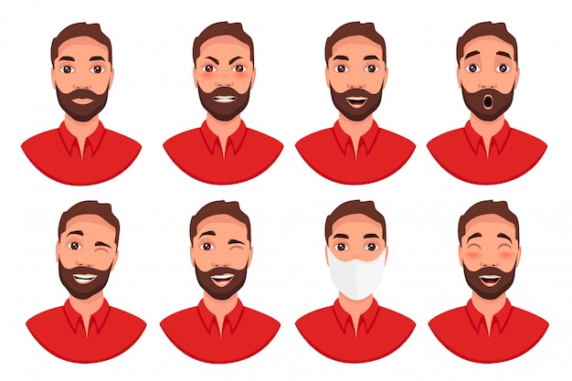 Vector set of different emotions male character.
