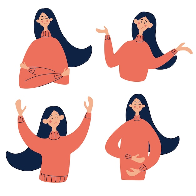 Set of different emotions young beautiful woman. Sadness, surprise, joy, pain Facial expression with various gestures isolated vector illustration.