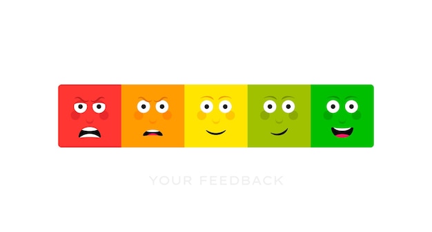 Vettore impostare diverse emozioni facciali scala di feedback angry triste neutro soddisfatto e felice set di emoticon valutazione delle emozioni dell'eroe dei cartoni animati divertente