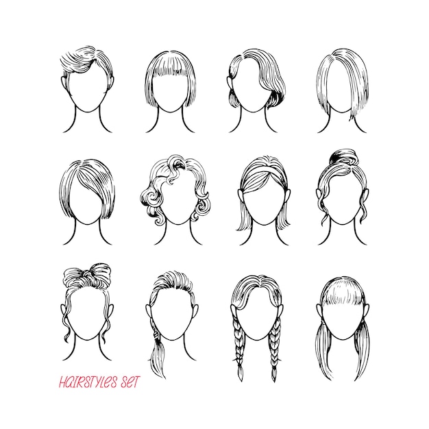 Vector set of different female hairstyles. hand drawn illustration