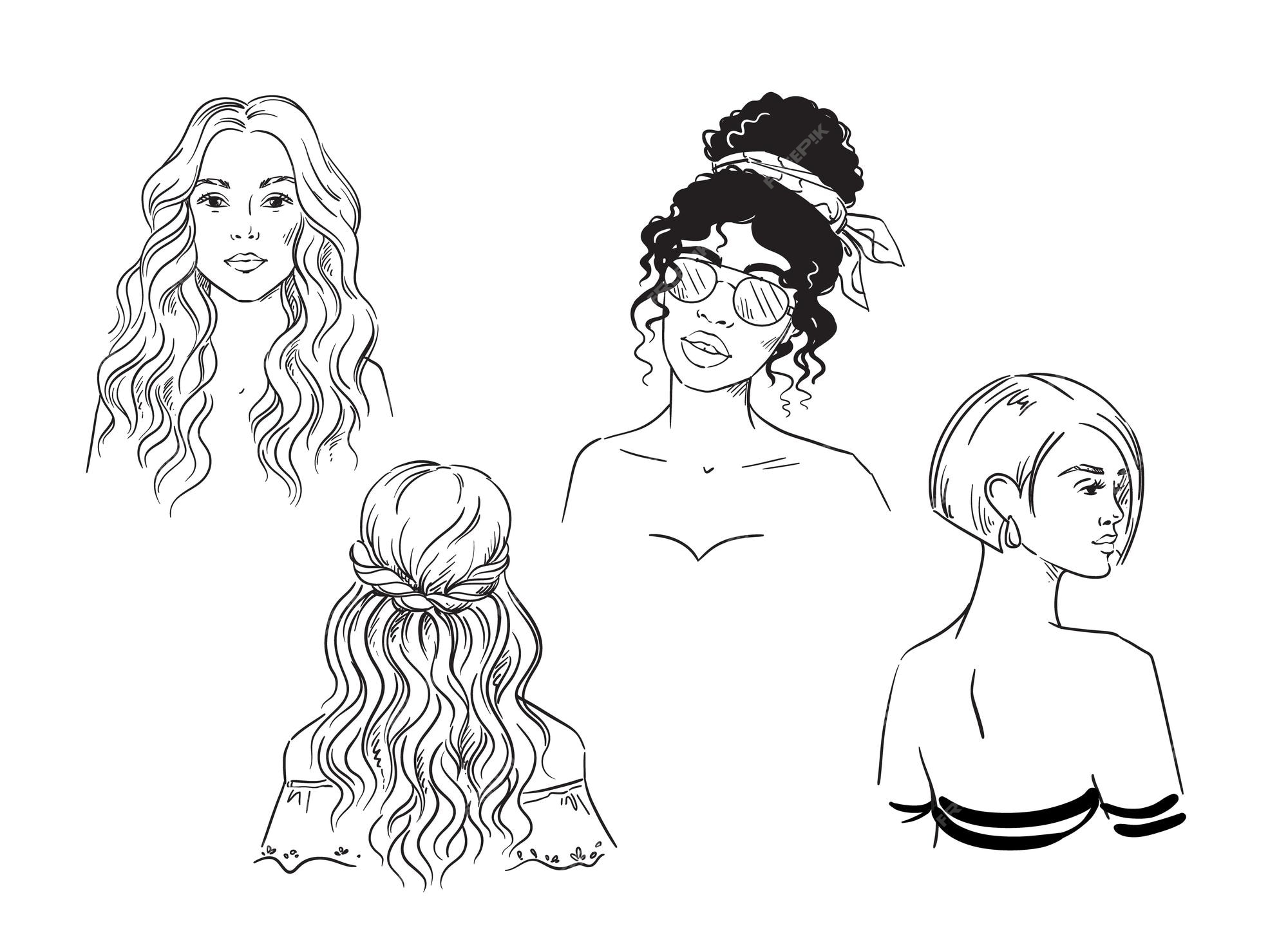 Premium Vector Set Of Different Female Hairstyles Vector Black And White Sketch 