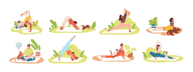 Набор различных гибких людей, практикующих йогу с домашними животными дома или на открытом воздухе, векторная плоская иллюстрация.