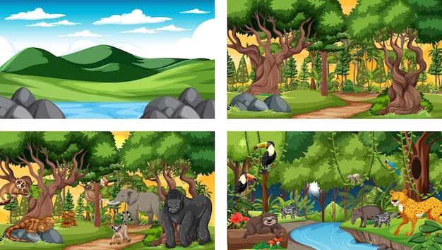 Set of different forest horizontal scene with various wild animals