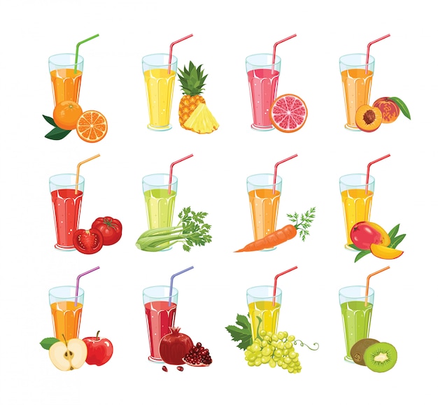 Vector set of different fruit and vegetable fresh juices in glasses.