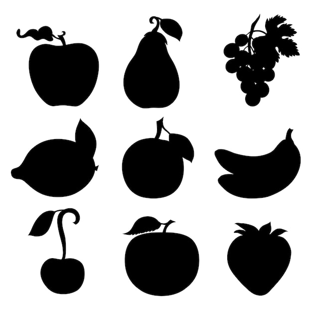 Vector set of different fruits silhouette vector illustration