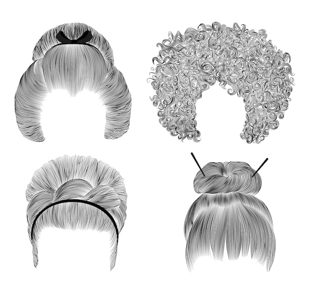Set of  different funny women hairs . fringe  pencil drawing sketch .japanese hairstile bun  with barrette . africancurls hairstyle. retro hairdres barrette.