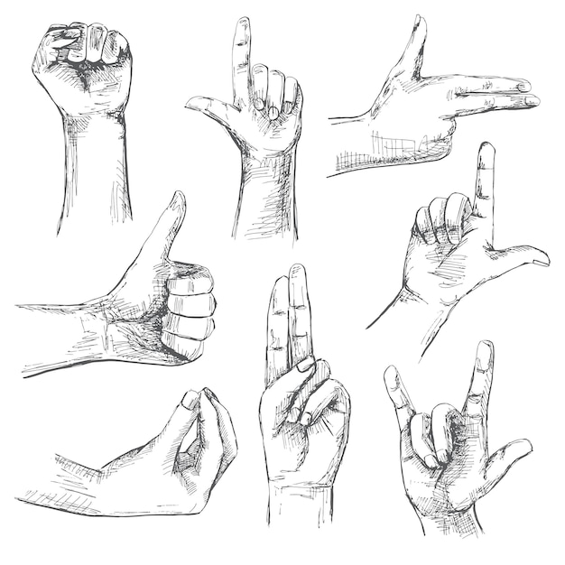 Set of different gestures. hands isolated on white background. illustration in sketch style. hand drawn vector illustrations.