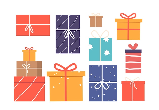 Набор различных подарочных коробок красочные подарки, завернутые в бумагу и ленты деревянные шкатулки для зимних праздников рождество