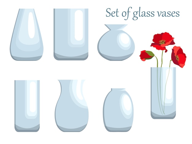 Vector set of different glass vases. pots and flower vases of various sizes, shapes.