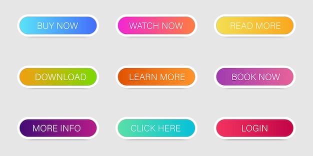 인터넷 페이지에 대한 다른 그라디언트 버튼 세트 제공이 있는 다채로운 버튼