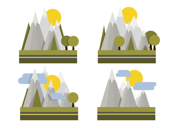 Insieme di diverse montagne geometriche grigie e alberi in fondo con una strada