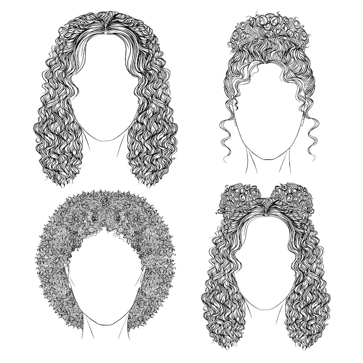 Vector set of different hairs and hairstyle fringe curly cascade kare pencil drawing sketch