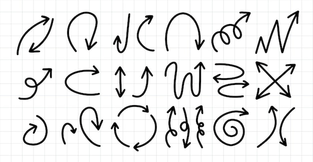 Set di diverse frecce disegnate a mano su sfondo di carta millimetrata.